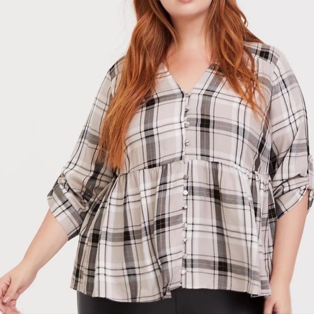 Torrid Plus Size Preppy Flowy Neutral Plaid Twill Babydoll Blouse Top Size 0X